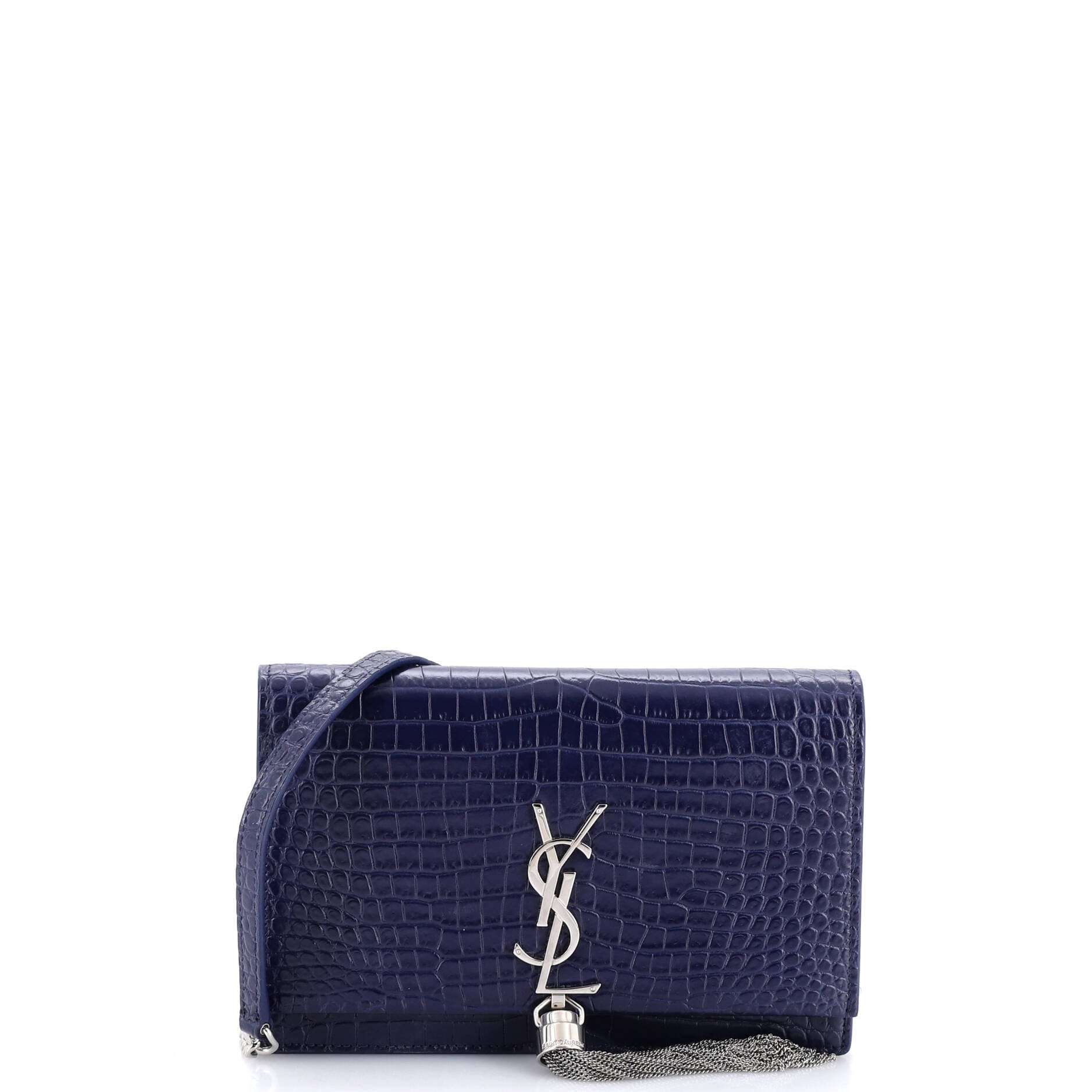 Saint Laurent Classic Monogram Tassel Chain Wallet Crocodile Embossed Leather
