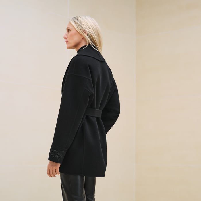 Noir Mixed Leather Embroidered Pea Coat