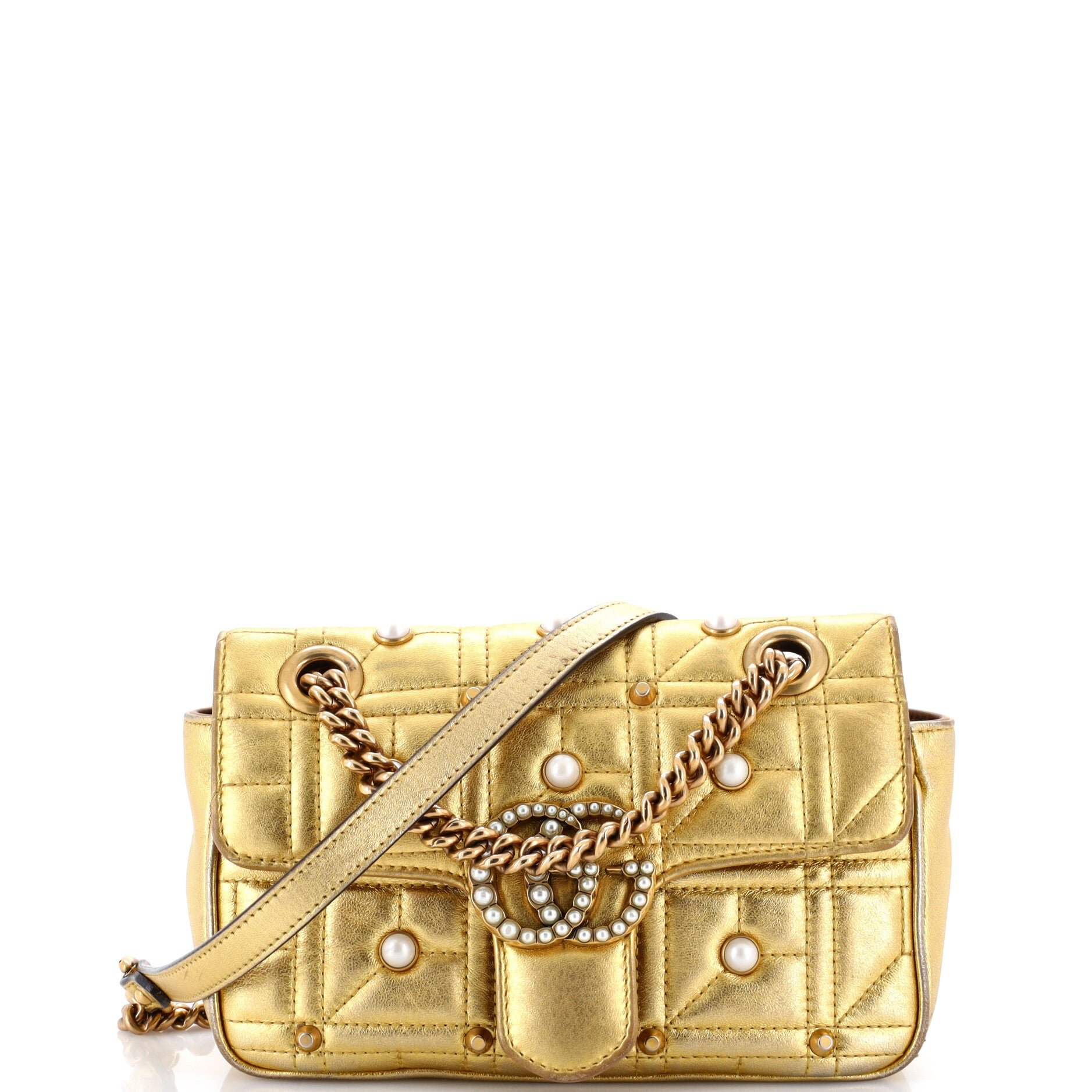 Pearly GG Marmont Flap Bag Embellished Matelasse Leather Mini