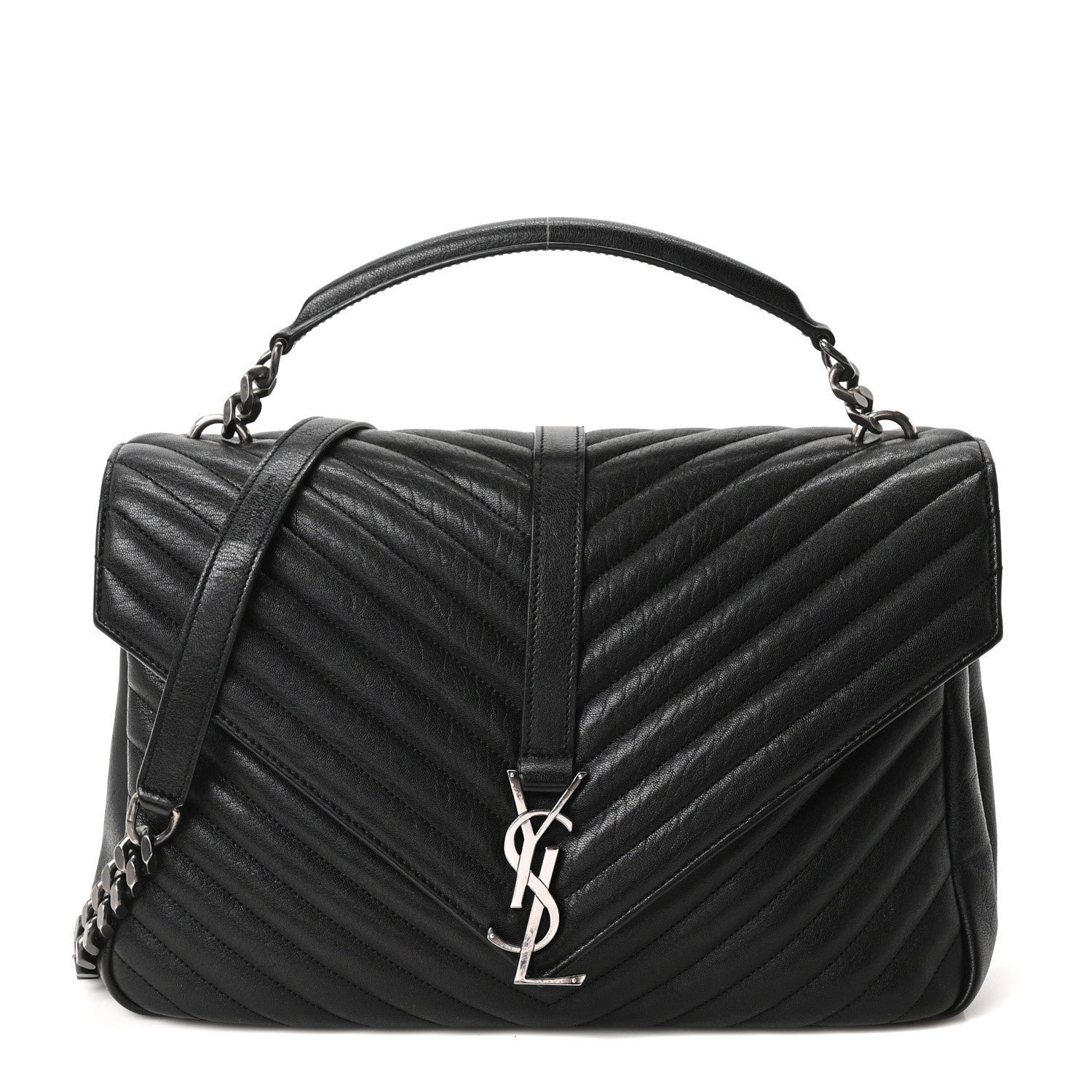 Saint Laurent Sheepskin Matelasse Chevron Monogram Large College Satchel Black