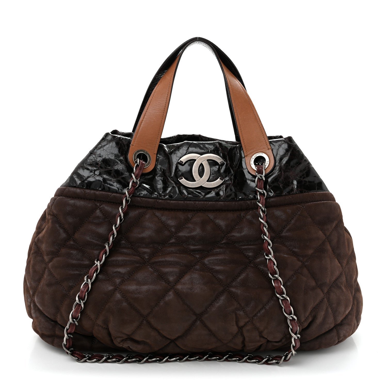 Iridescent Calfskin Quilted Large In The Mix Tote Dark Brown