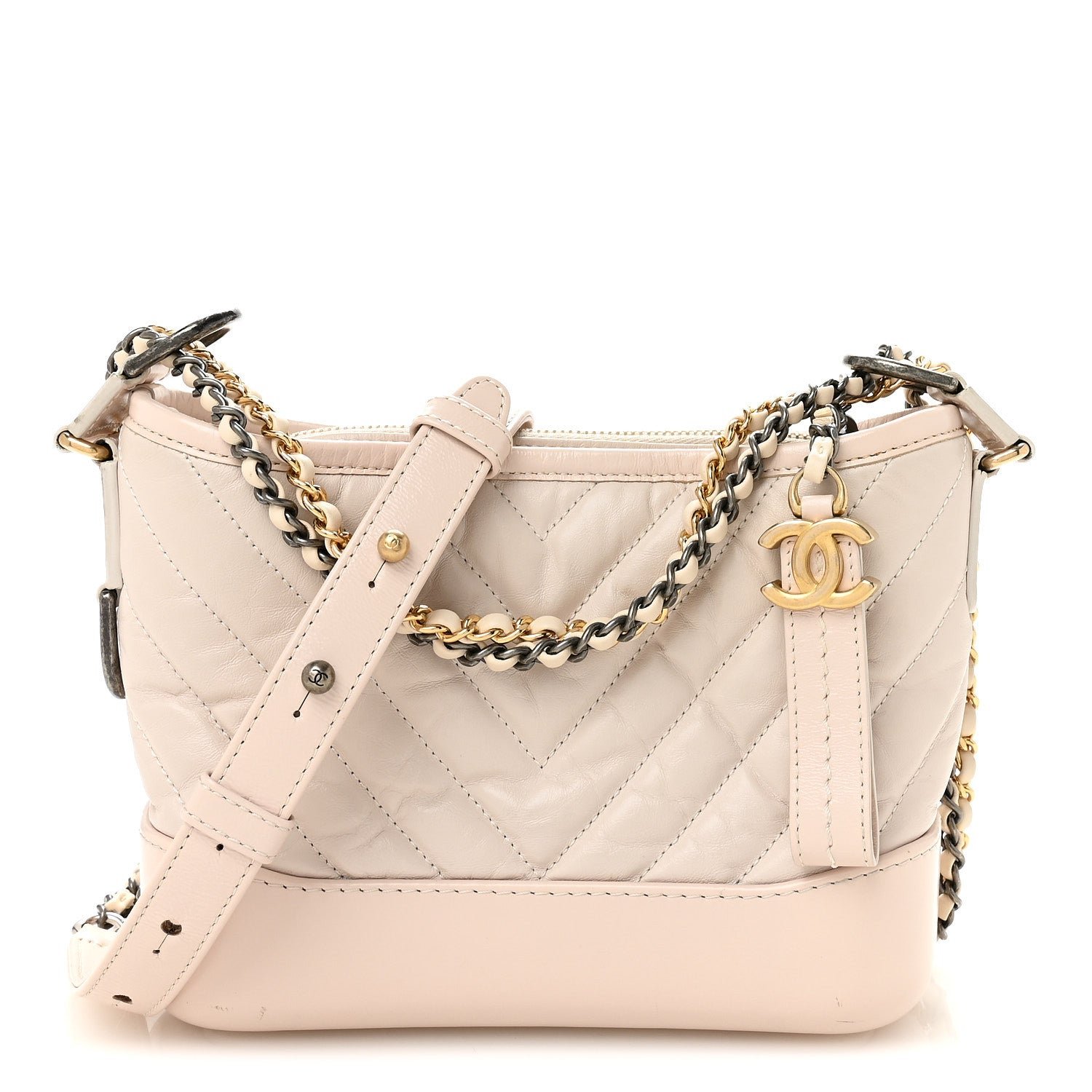 Chanel Aged Calfskin Chevron Quilted Small Gabrielle Hobo Beige