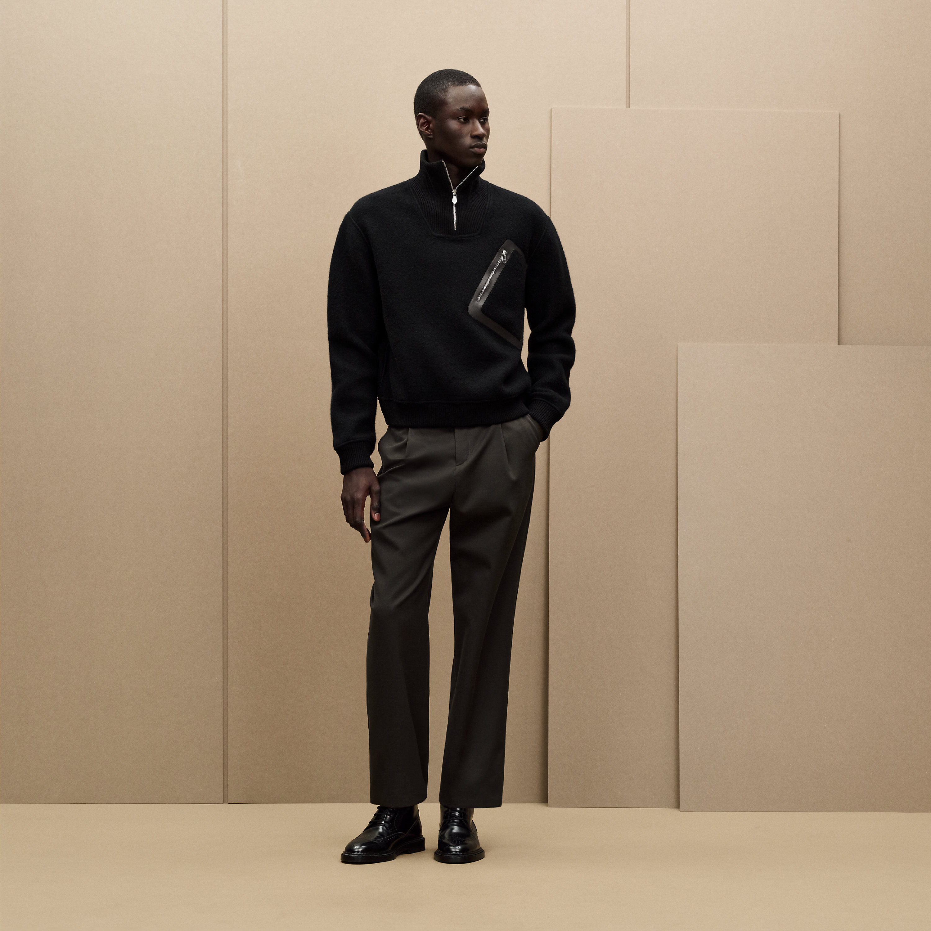 Full-zip sweater with leather detail