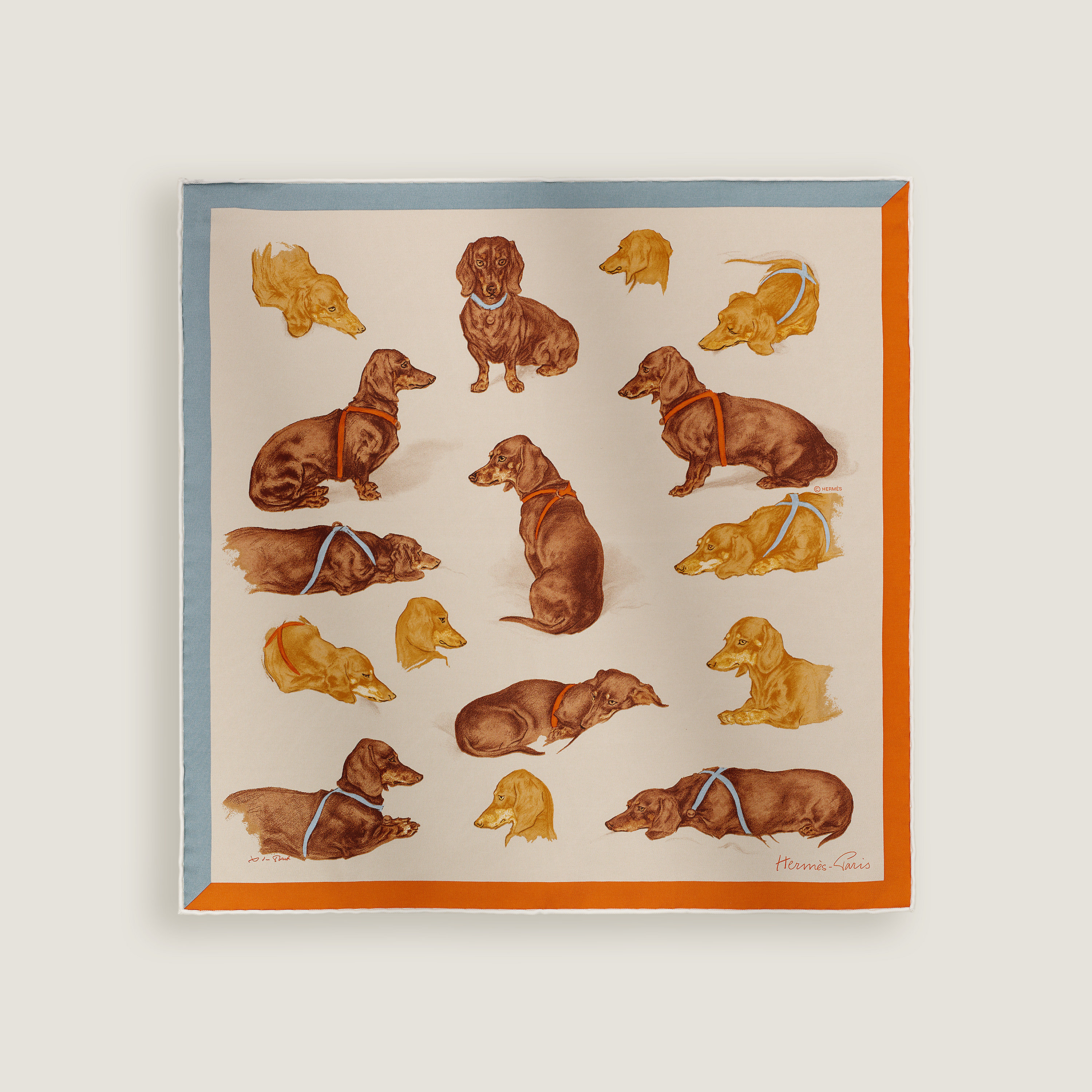 Hermès Les Bassets scarf 45 Beige Clair/Gris Bleuté/Orange Cuit