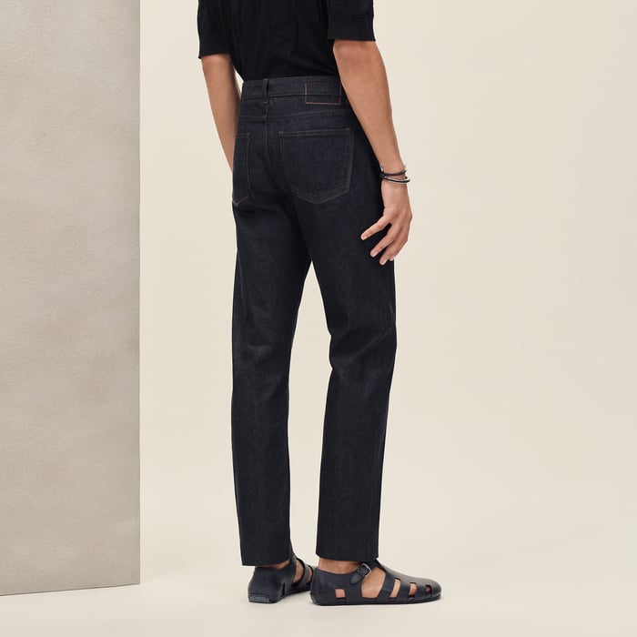 Indigo Straight Cut Jeans With Leather Pocket Detail