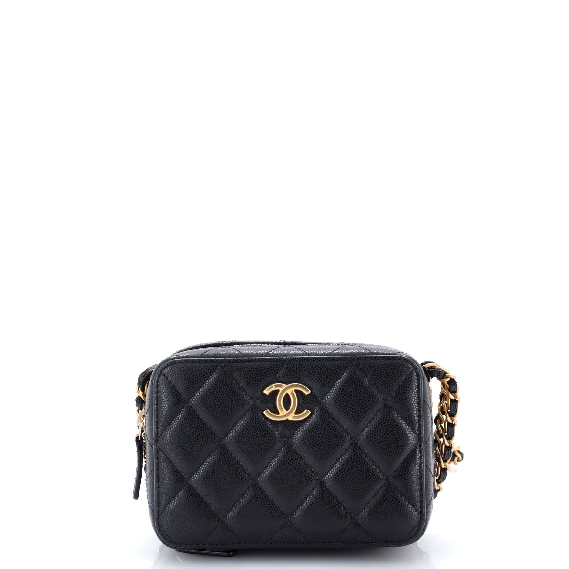 Twist Your Buttons Zip Around Vanity Case with Chain Quilted Caviar
