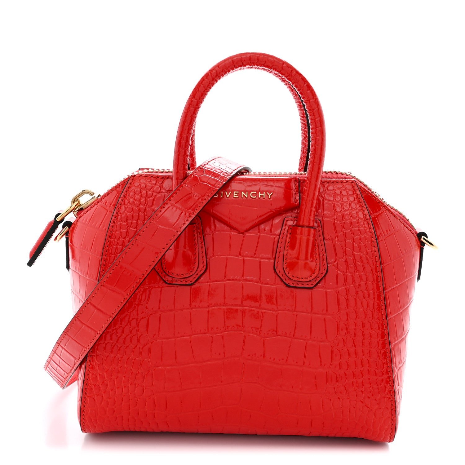 Givenchy Calfskin Crocodile Embossed Mini Antigona Red