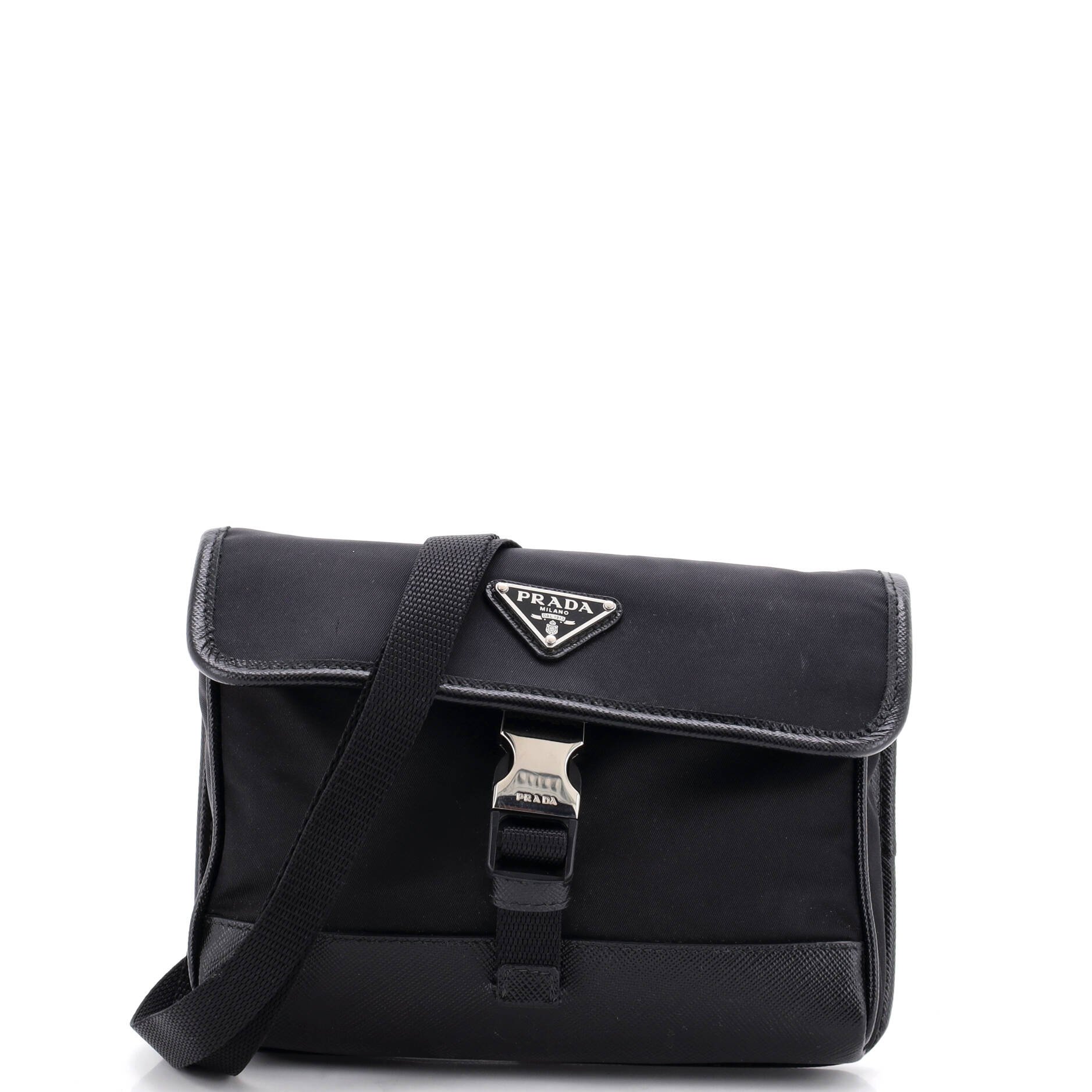 Buckle Flap Crossbody Bag Re-Nylon and Leather Small