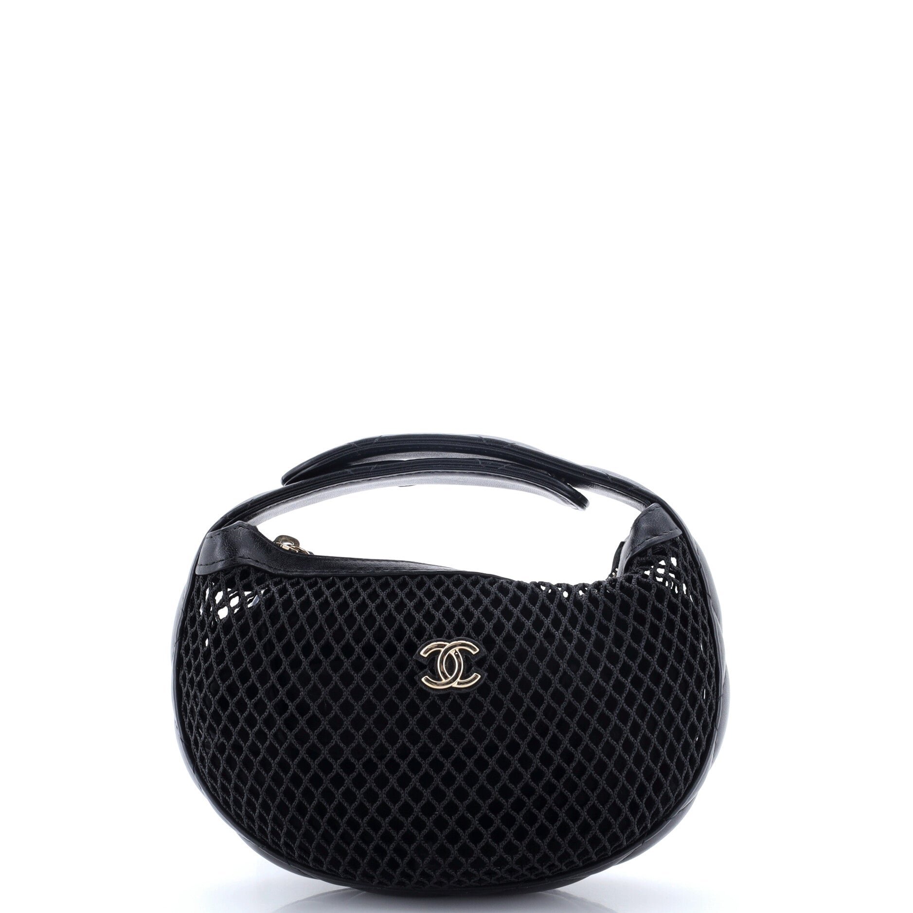 CC Hobo Pouch Bag Mesh with Quilted Leather