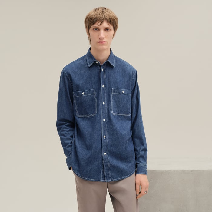 Indigo Lavé "H" Straight Cut Embroidered Denim Shirt