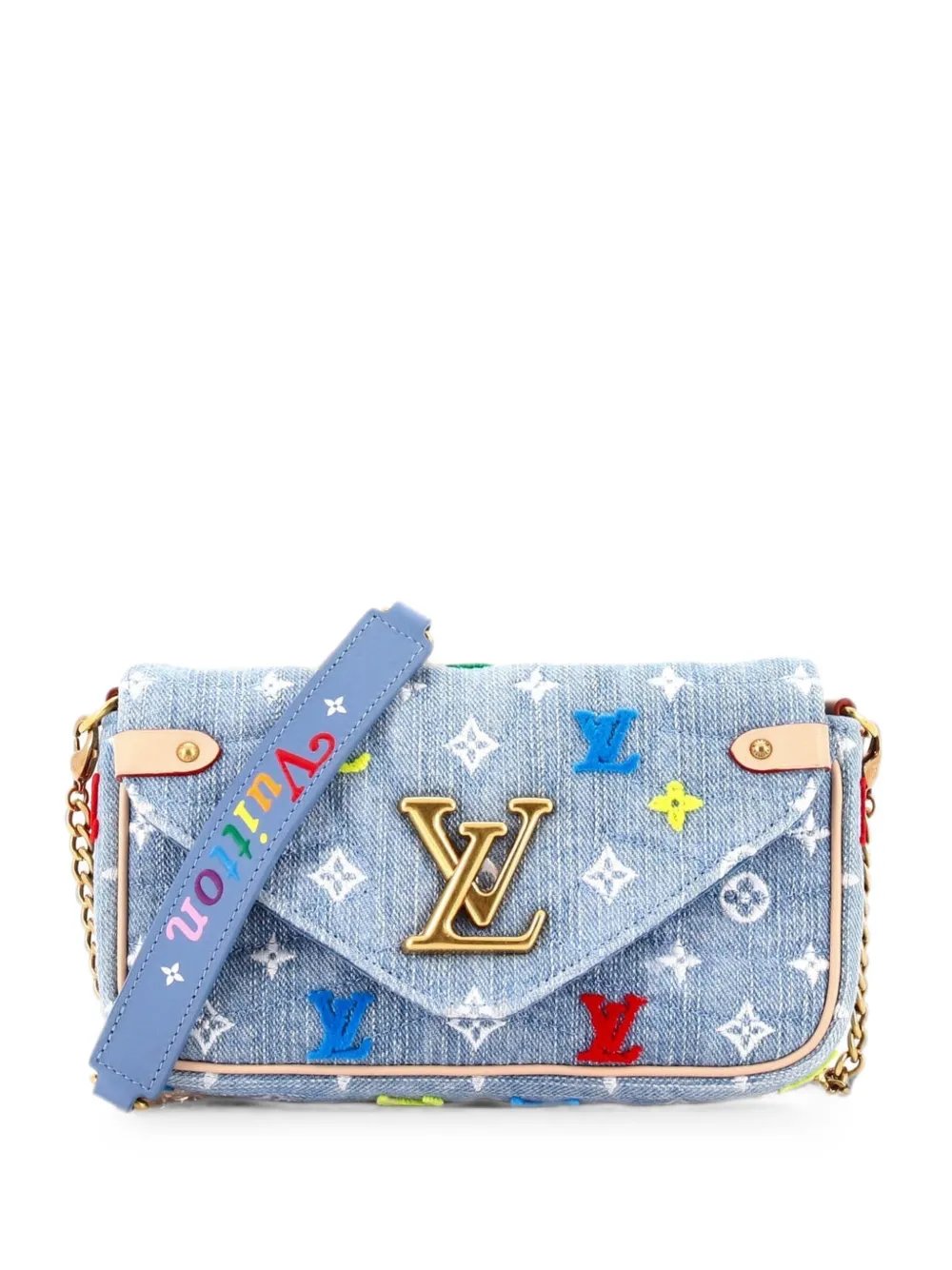 New Wave Chain Pochette Monogram Embroidered Quilted Denim crossbody bag