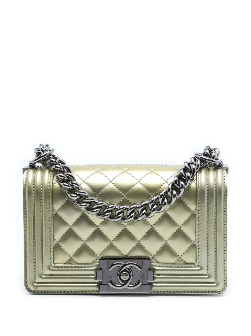 Chanel 2014 Small Bicolor Quilted Metallic Patent Boy Flap crossbody bag