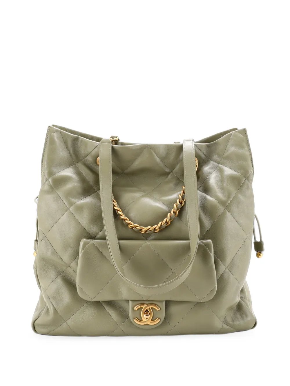 Front Pocket Drawstring Shopping Bag Quilted Shiny Lambskin Medium shoulder bag