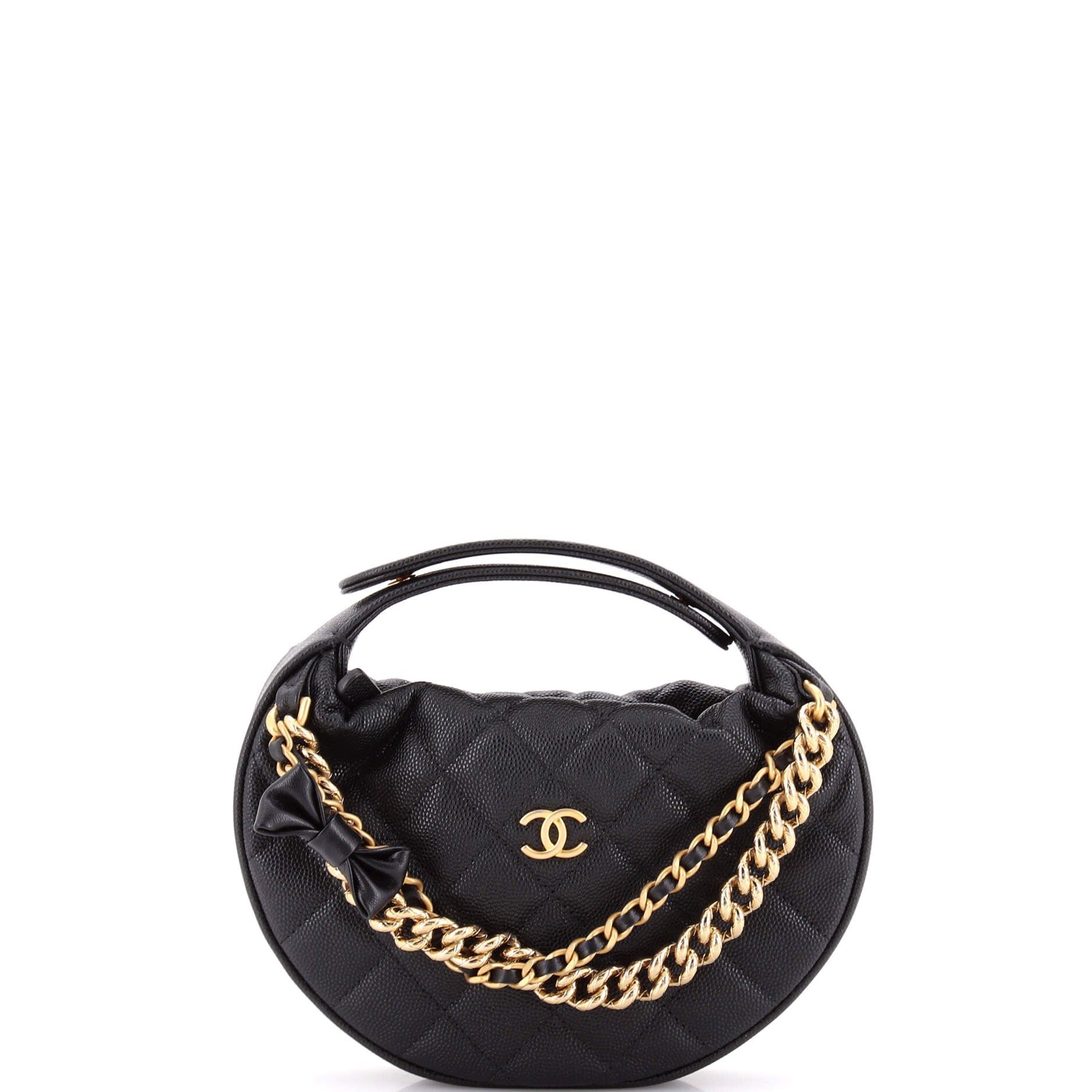 Double Chain Bow Hobo Pouch Quilted Caviar Mini