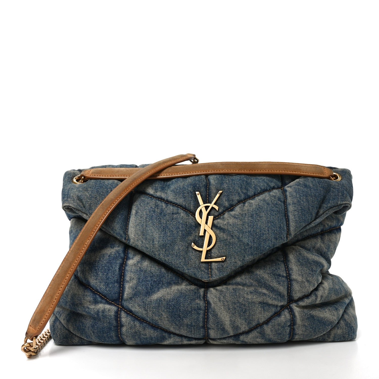 Saint Laurent Denim Quilted Medium Loulou Puffer Monogram Chain Satchel Blue Cinnamon