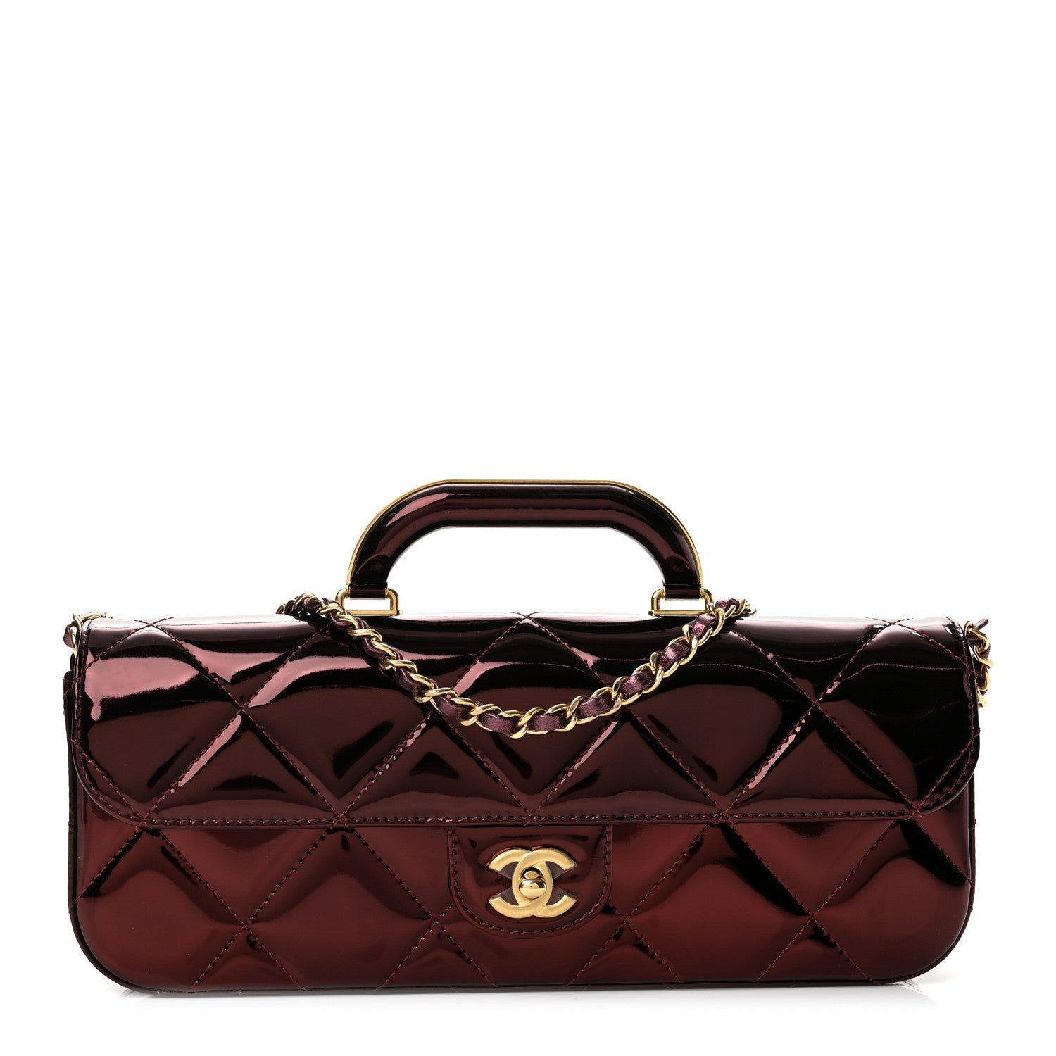 Chanel Metallic Mirror Calfskin Large Top Handle Clutch With Chain  Burgundy
