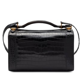 Black Crocodile Cosmos Cosmetic Train Vanity Case Wood Handle Bag Gold Hardware, 1970s