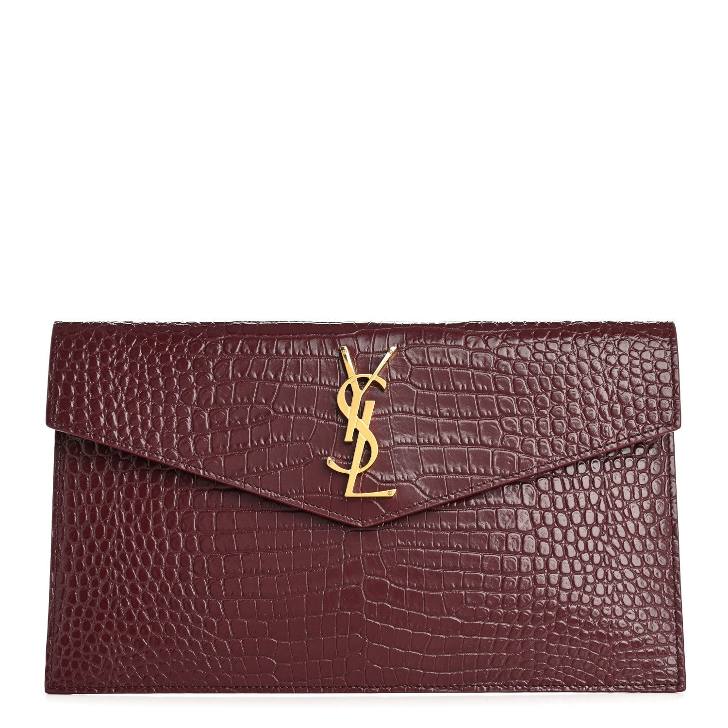 Saint Laurent Calfskin Crocodile Embossed Uptown Monogram Clutch Rouge Legion