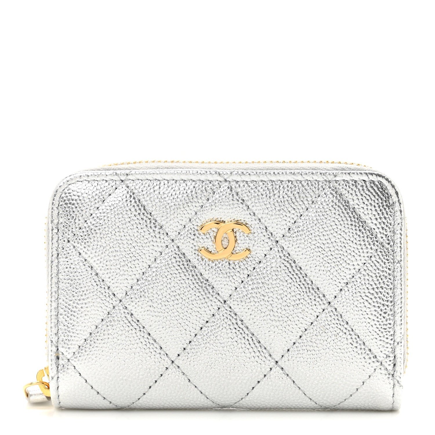 Chanel Metallic Caviar Quilted Zip Coin Purse Silver