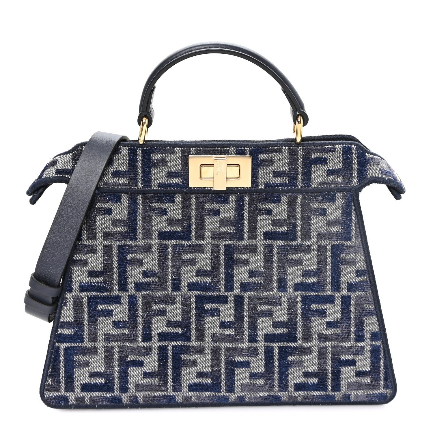 Fendi Chenille Vitello Seta FF Small Peekaboo I SEE U Satchel Grigio Blue Notte