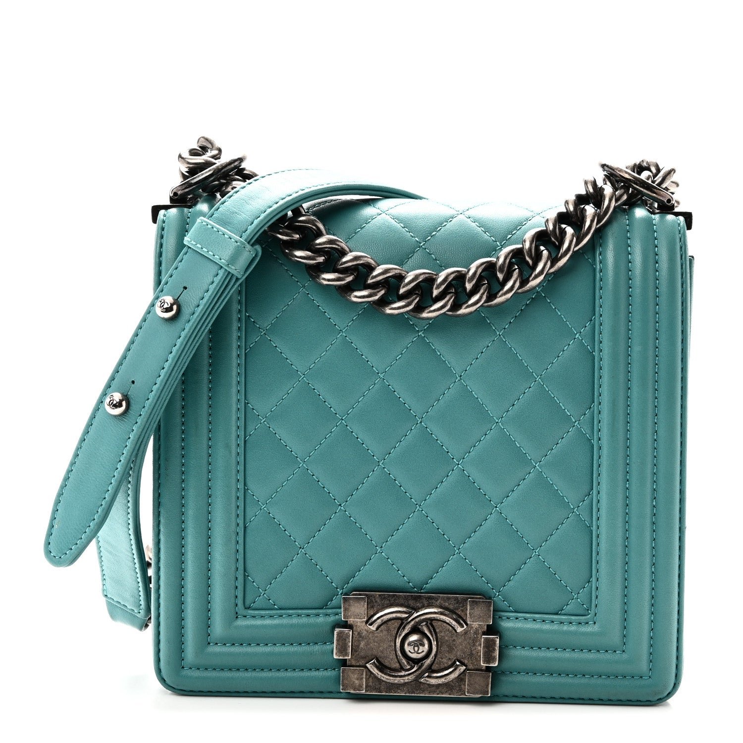 Chanel Calfskin Quilted North South Boy Flap Turquoise