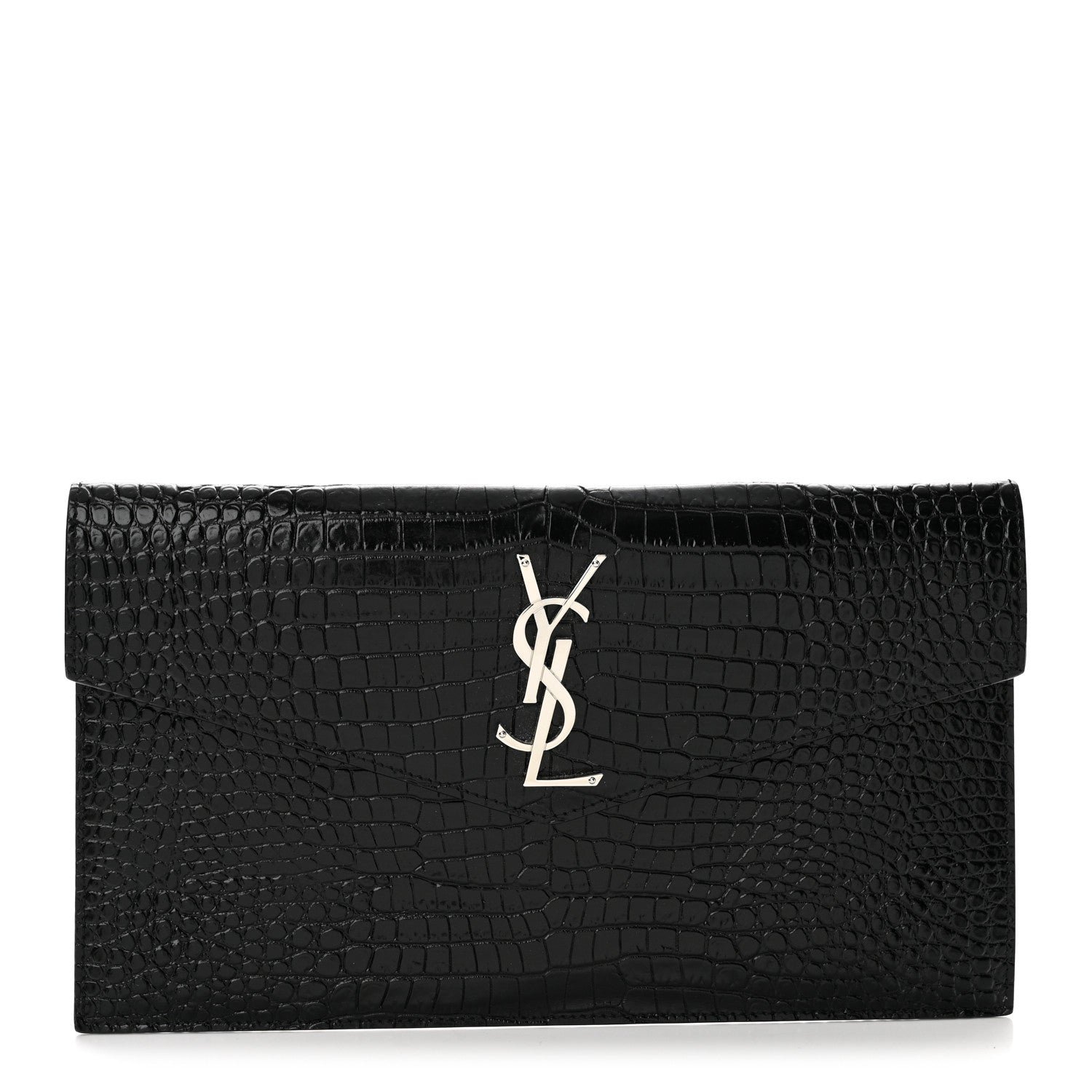 Saint Laurent Calfskin Crocodile Embossed Uptown Monogram Clutch Black