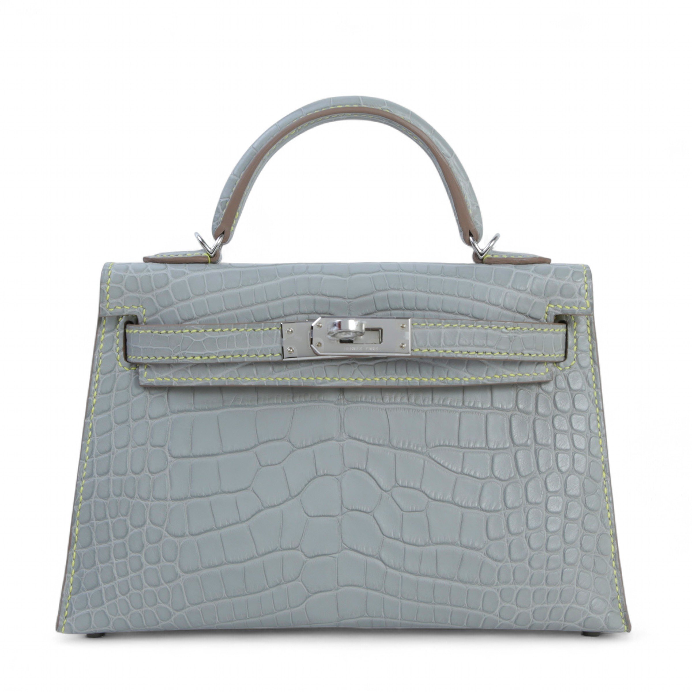 Hermes Unused ( Rank NS ) HERMÈS Mini Kelly II Gris Perle (80) Jaune Matte Alligator Palladium hardware W (2024)