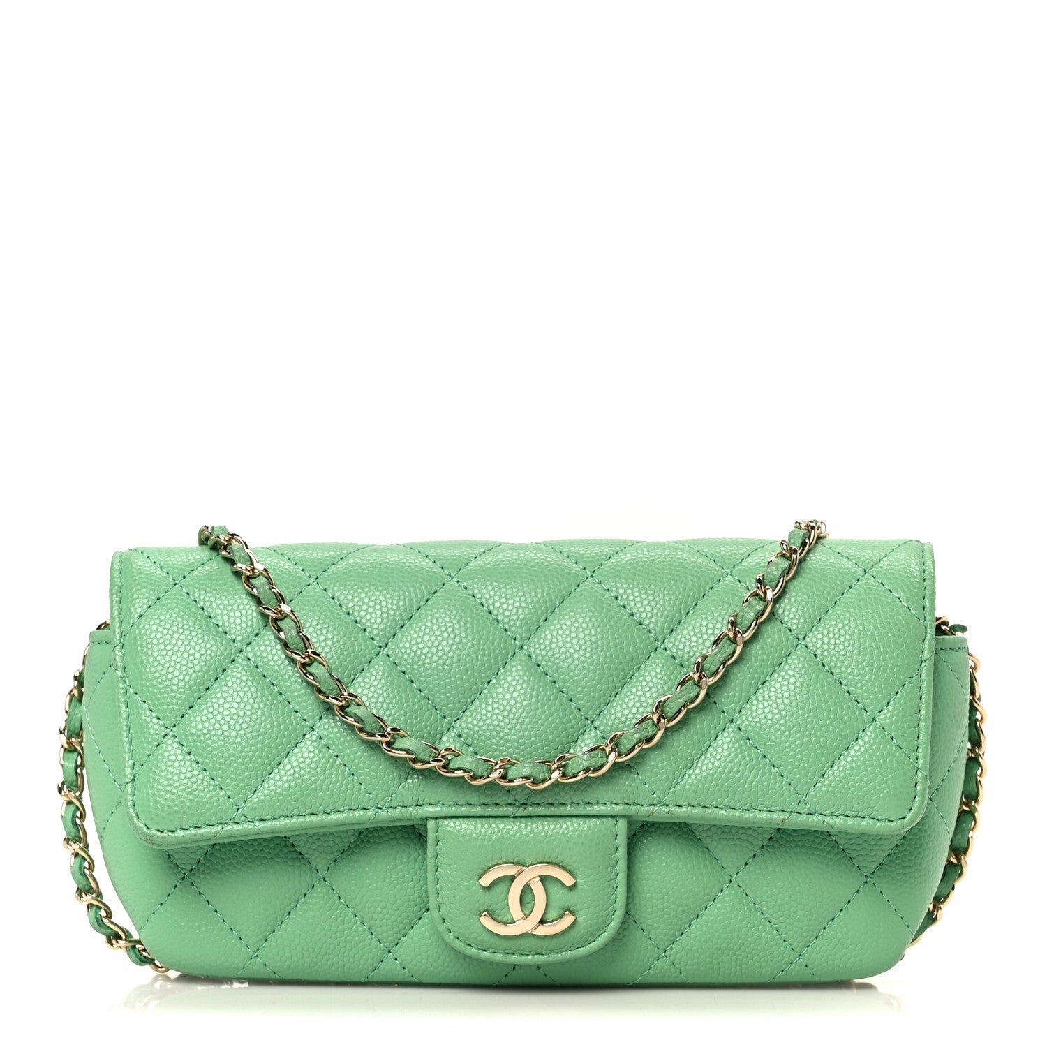 Chanel Caviar Quilted Flap Phone Holder With Chain Green