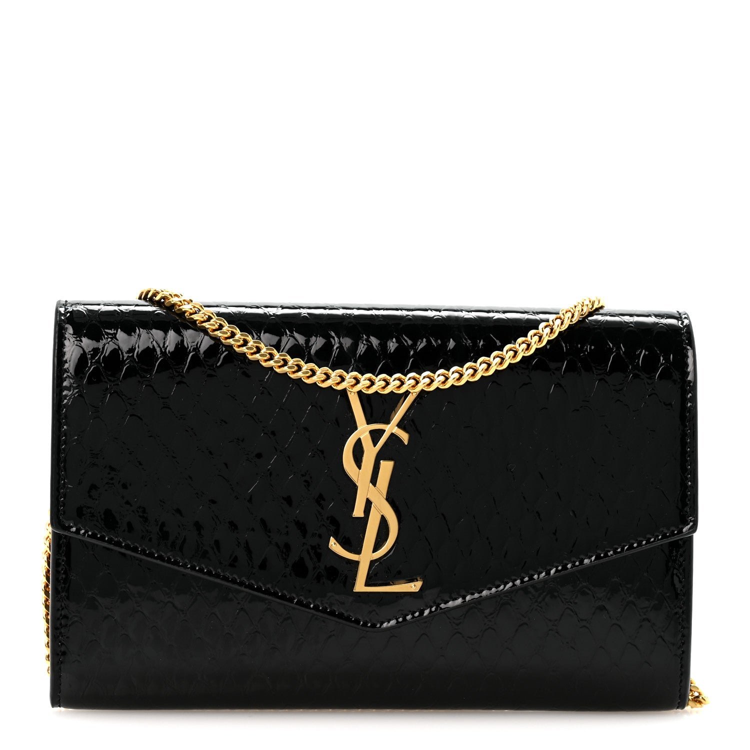 Saint Laurent Calfskin Python Embossed Monogram Uptown Chain Wallet Black