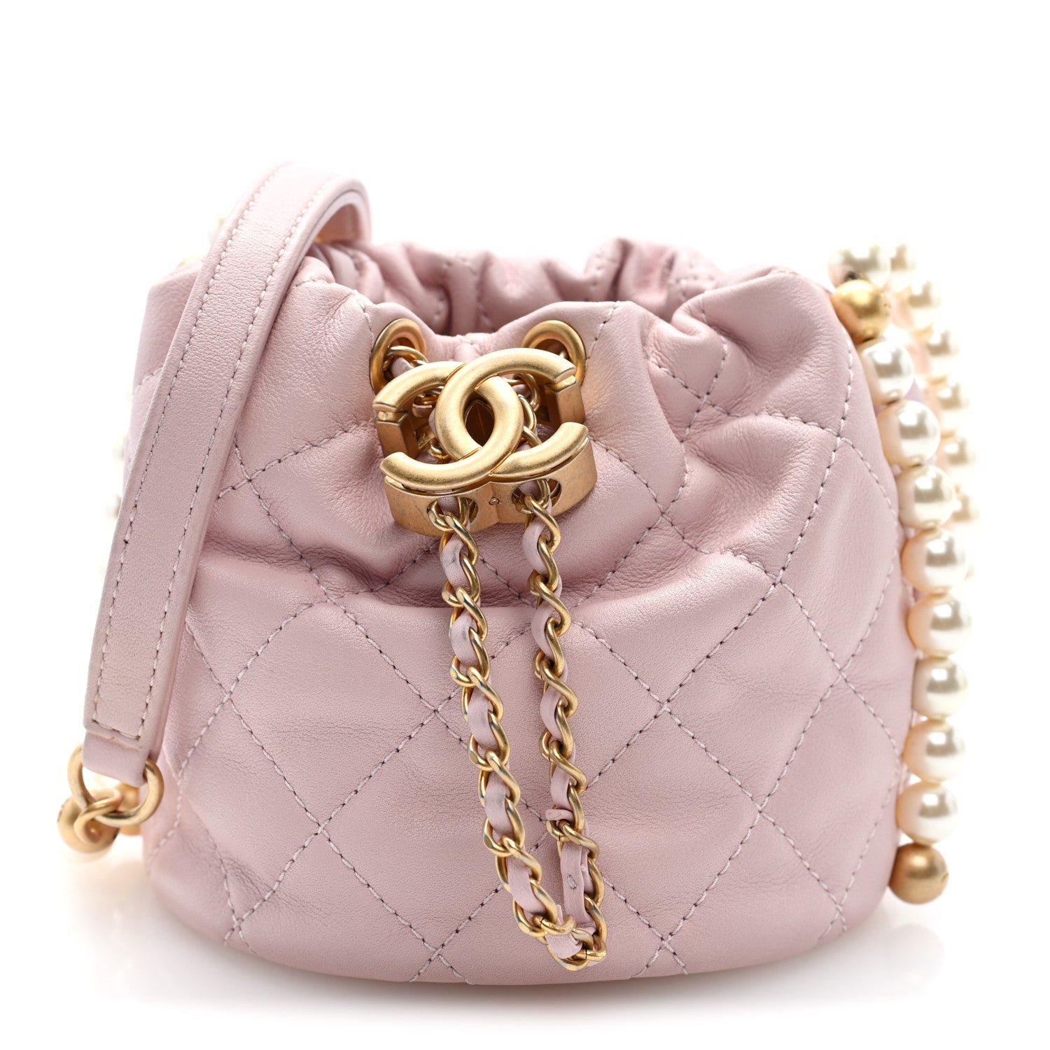 Chanel Calfskin Quilted Pearl Mini About Pearls Drawstring Bucket Light Pink