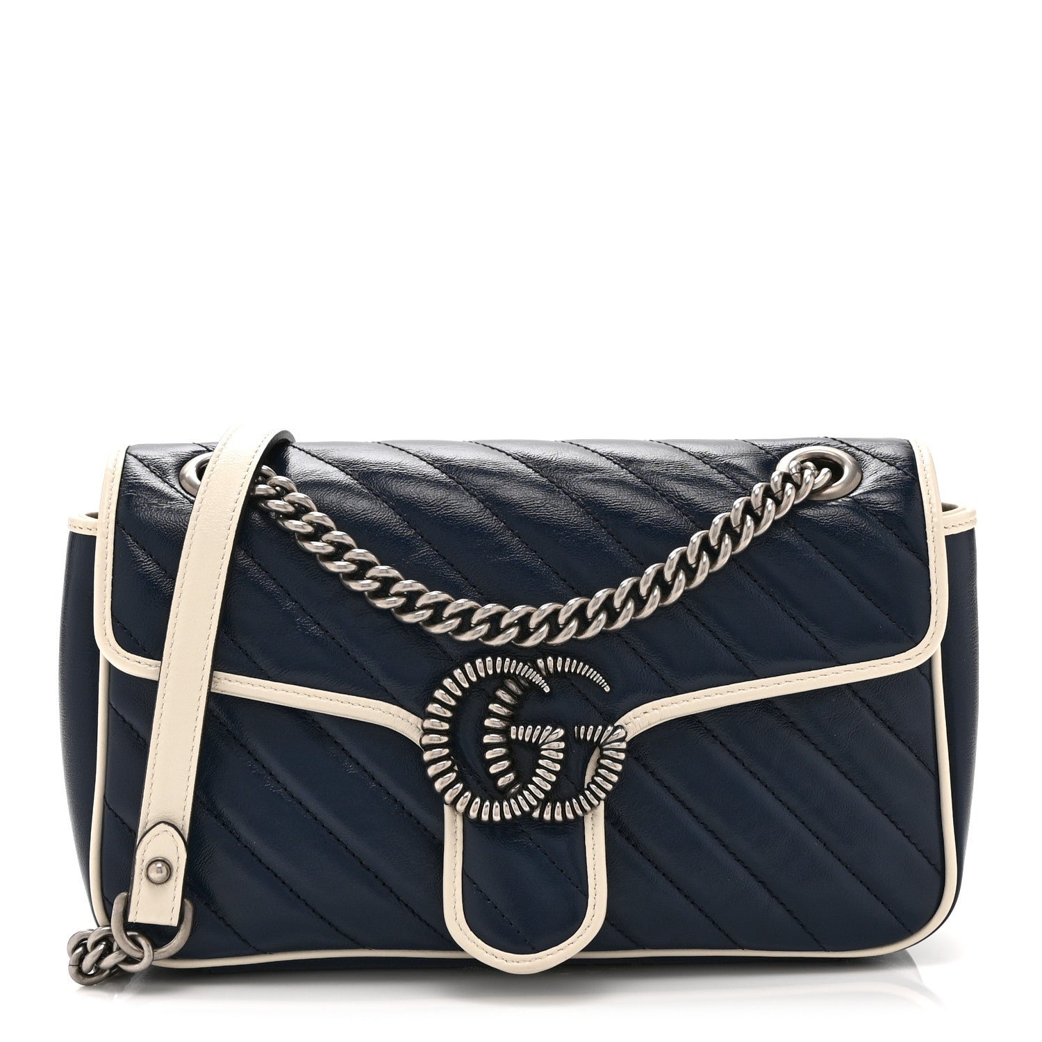 Gucci Vintage Effect Calfskin Matelasse Diagonal Small Torchon GG Marmont Shoulder Bag Blue Agata Mystic White