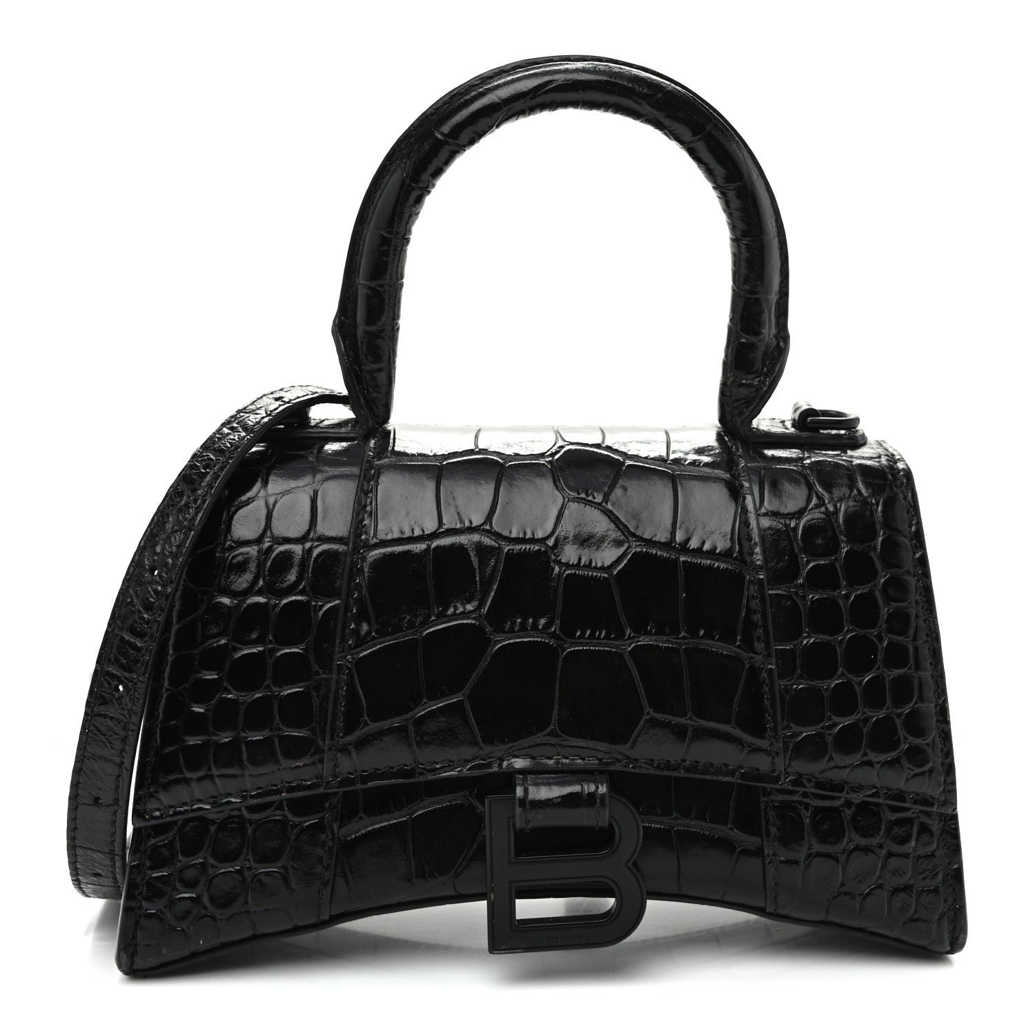 Balenciaga Shiny Calfskin Monochrome Crocodile Embossed Hourglass Top Handle Bag XS Black