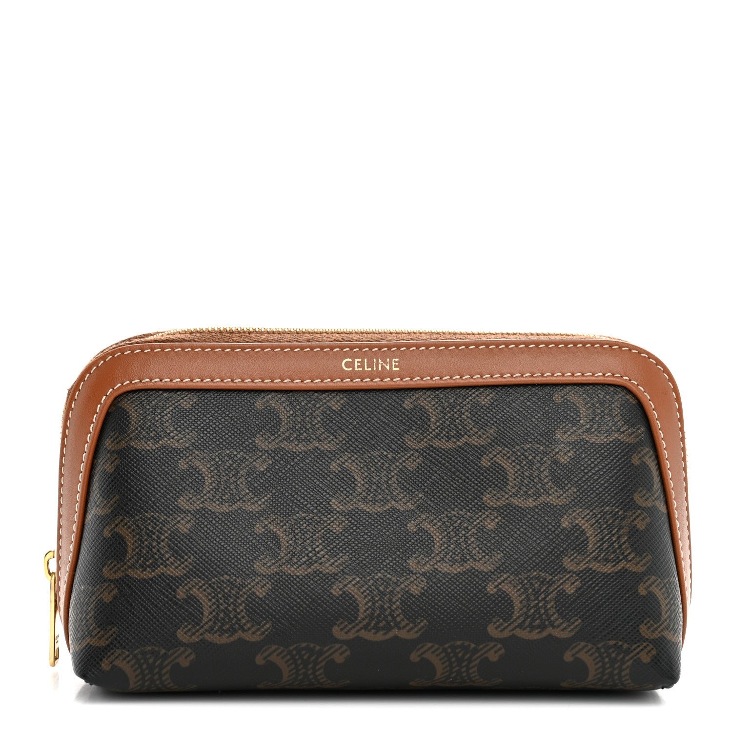 Celine Celine Triomphe Canvas Calfskin Small Cosmetic Pouch Tan