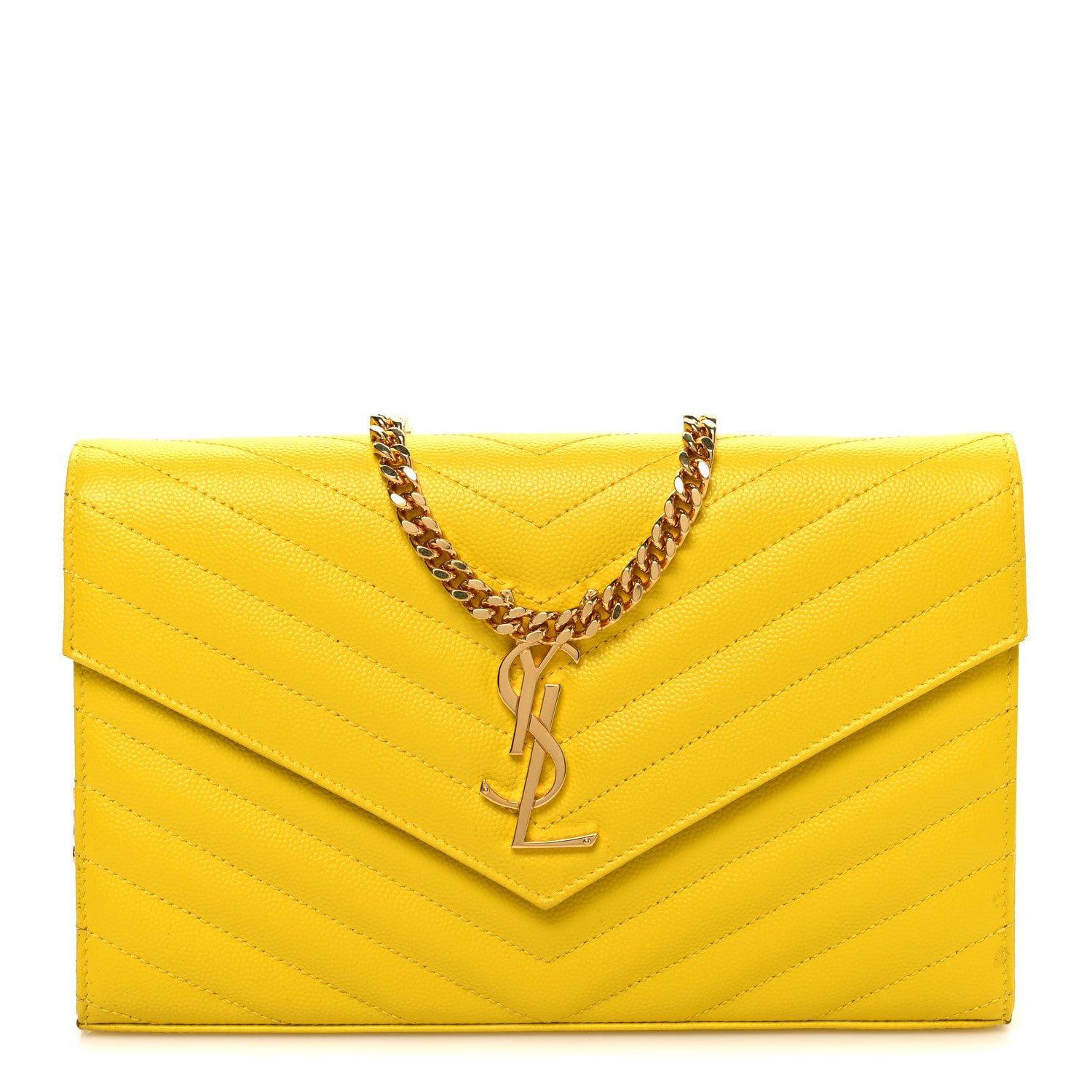 Saint Laurent Grain De Poudre Matelasse Chevron Monogram Chain Wallet Yellow