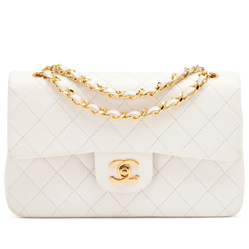 Vintage White Quilted Lambskin Small Classic Double Flap Bag Gold Hardware, 1989-1991