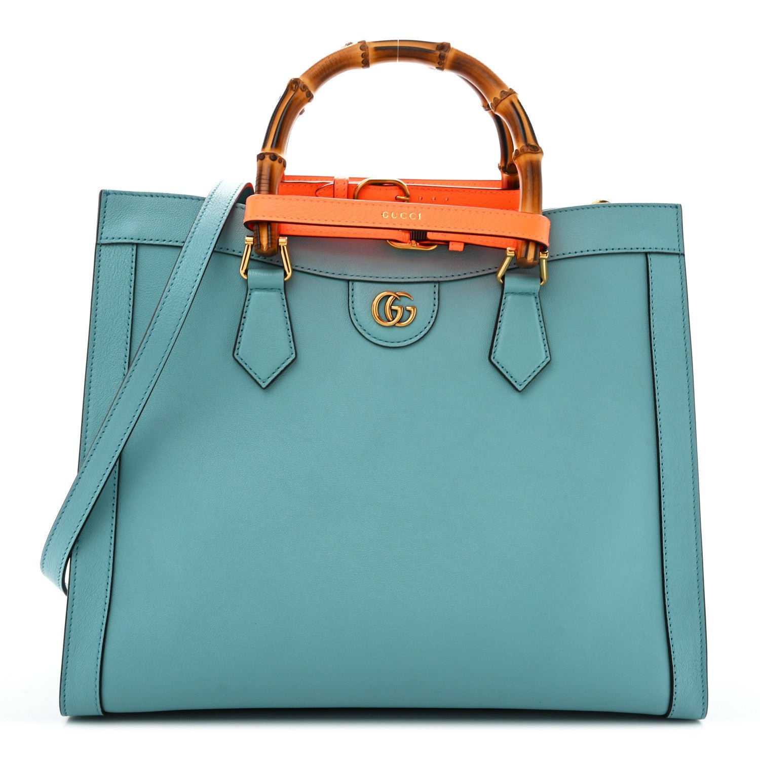 Gucci Wonka Grain Calfskin Medium Diana Tote Bag Dusty Azure Orange Fluo