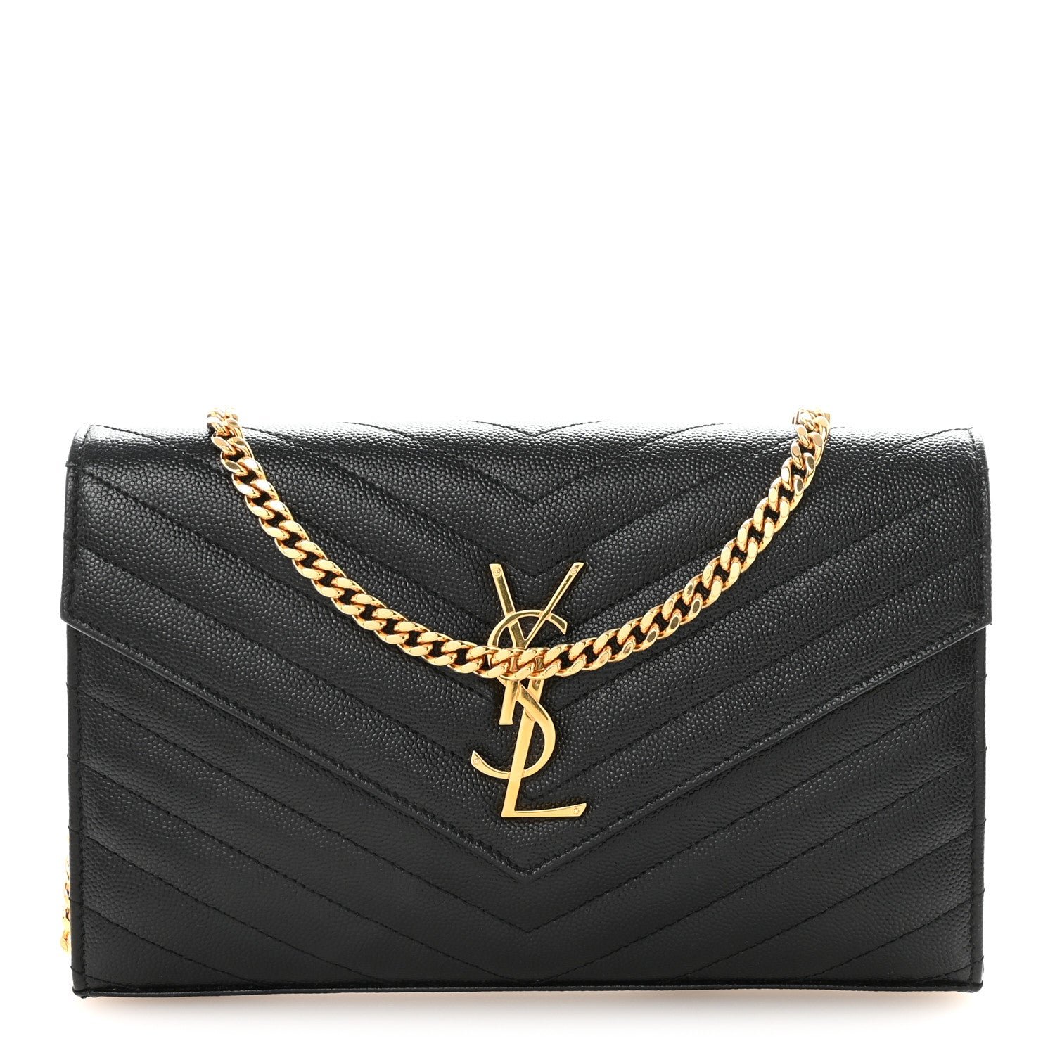 Saint Laurent Grain De Poudre Matelasse Chevron Monogram Chain Wallet Black