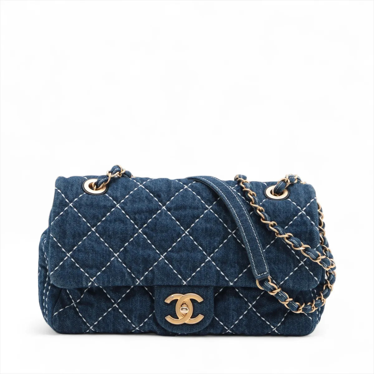 Chanel Matelasse Denim Single Flap Double Chain Bag Navy Blue Gold Metal Fitting