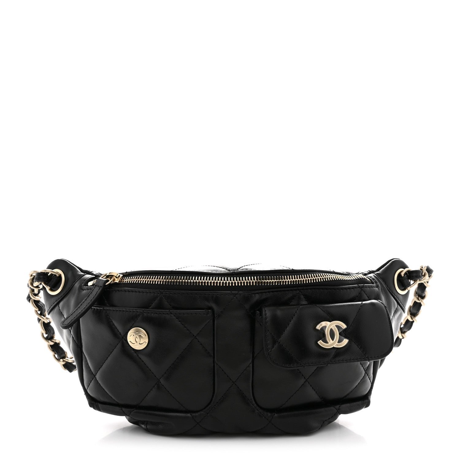 Chanel Shiny Aged Calfskin Quilted CC Pockets Jacket Waist Belt Bag Black