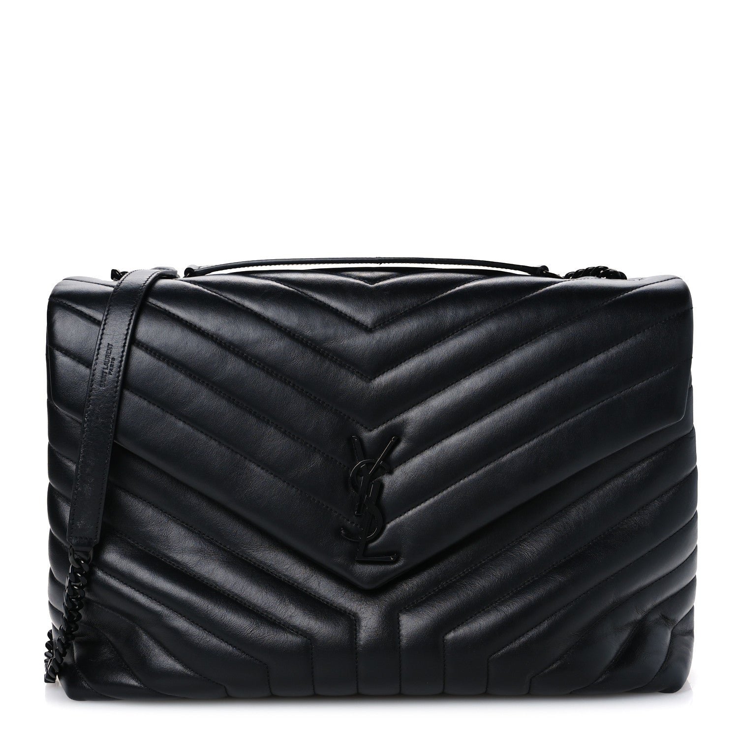 Saint Laurent Calfskin Y Quilted Monogram Monochrome Large Loulou Chain Satchel Black