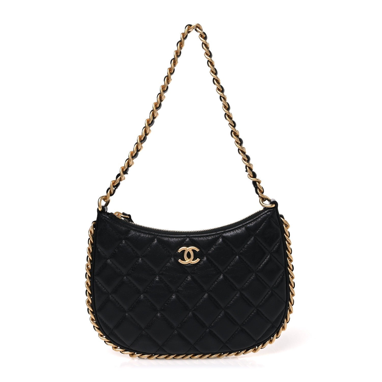 Chanel Shiny Crumpled Lambskin Quilted Trendy Chain Around Hobo Black