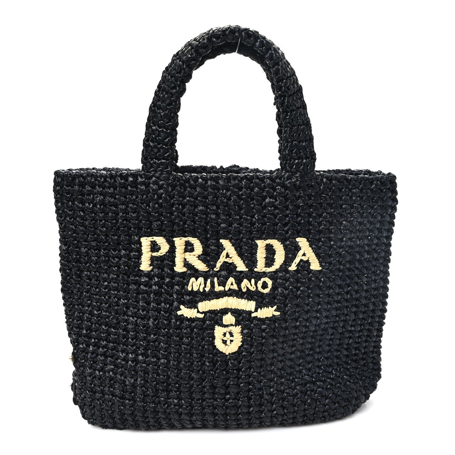 Prada Yarn Raffia Effect Crochet Small Logo Tote Black