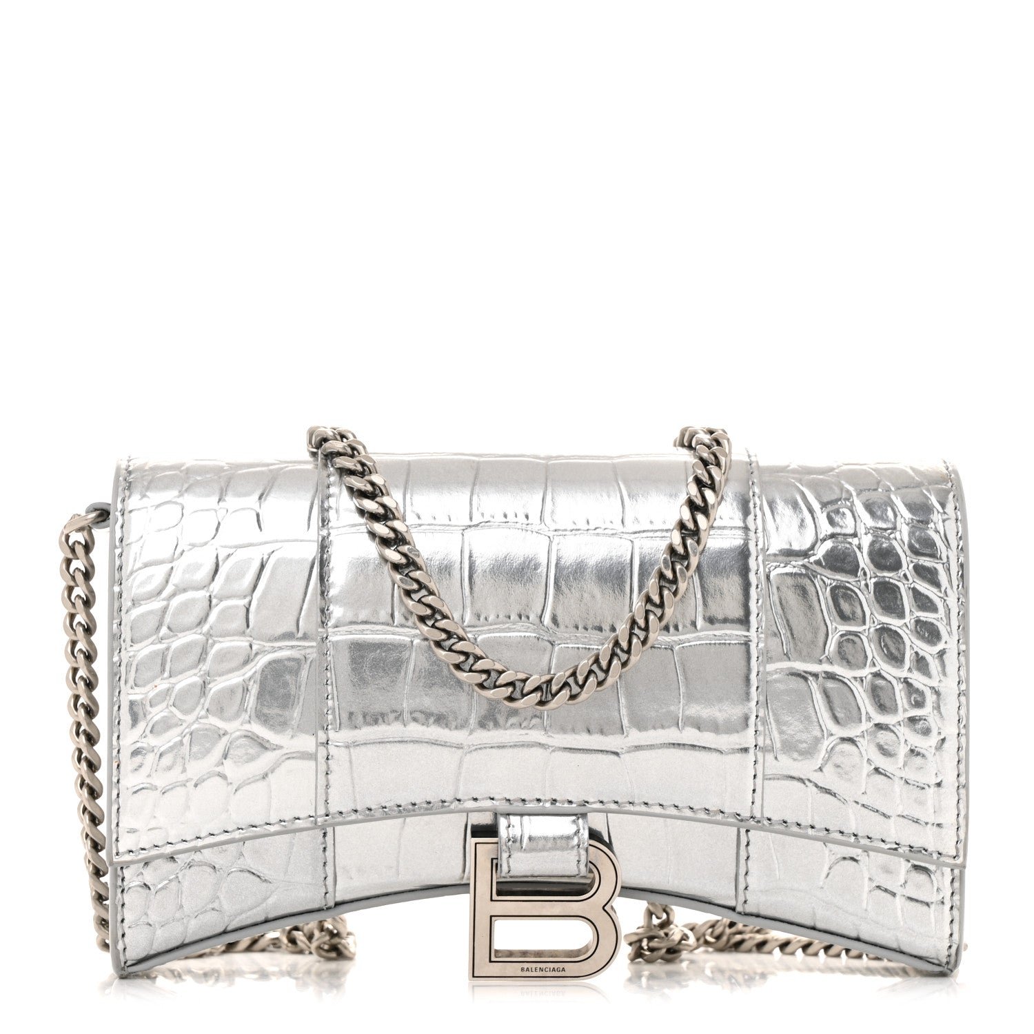 Balenciaga Metallic Calfskin Crocodile Embossed Hourglass Chain Bag Silver
