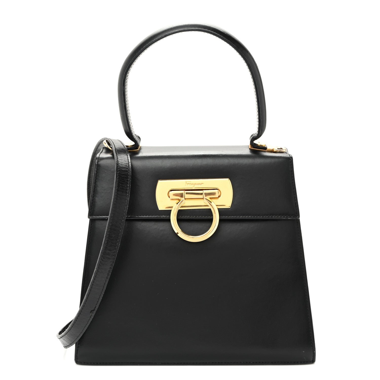 Ferragamo Salvatore Ferragamo Hammered Calfskin Small Iconic Top Handle Bag Black Black