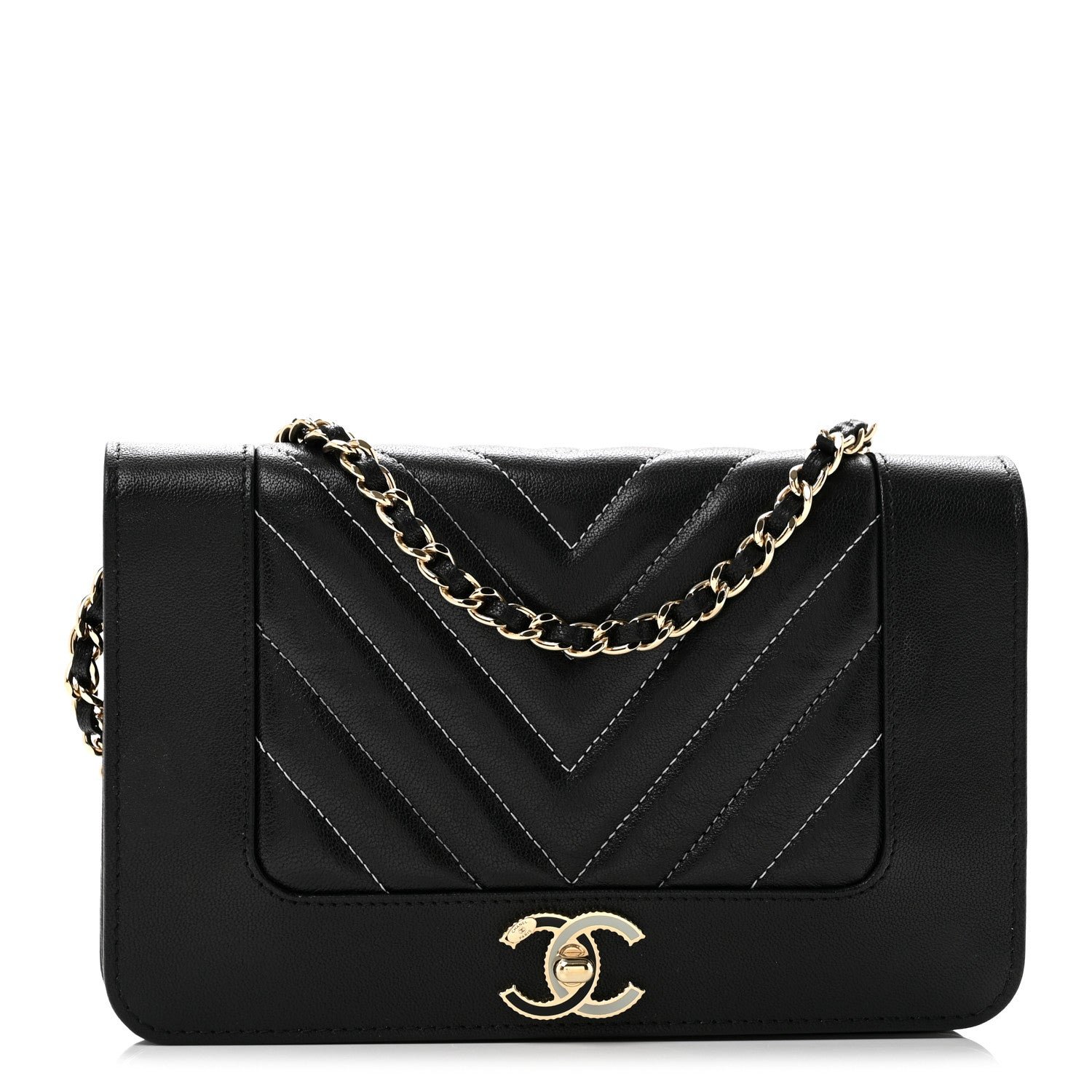 Chanel Caviar Sheepskin Chevron Quilted Vintage Mademoiselle Wallet On Chain WOC Black