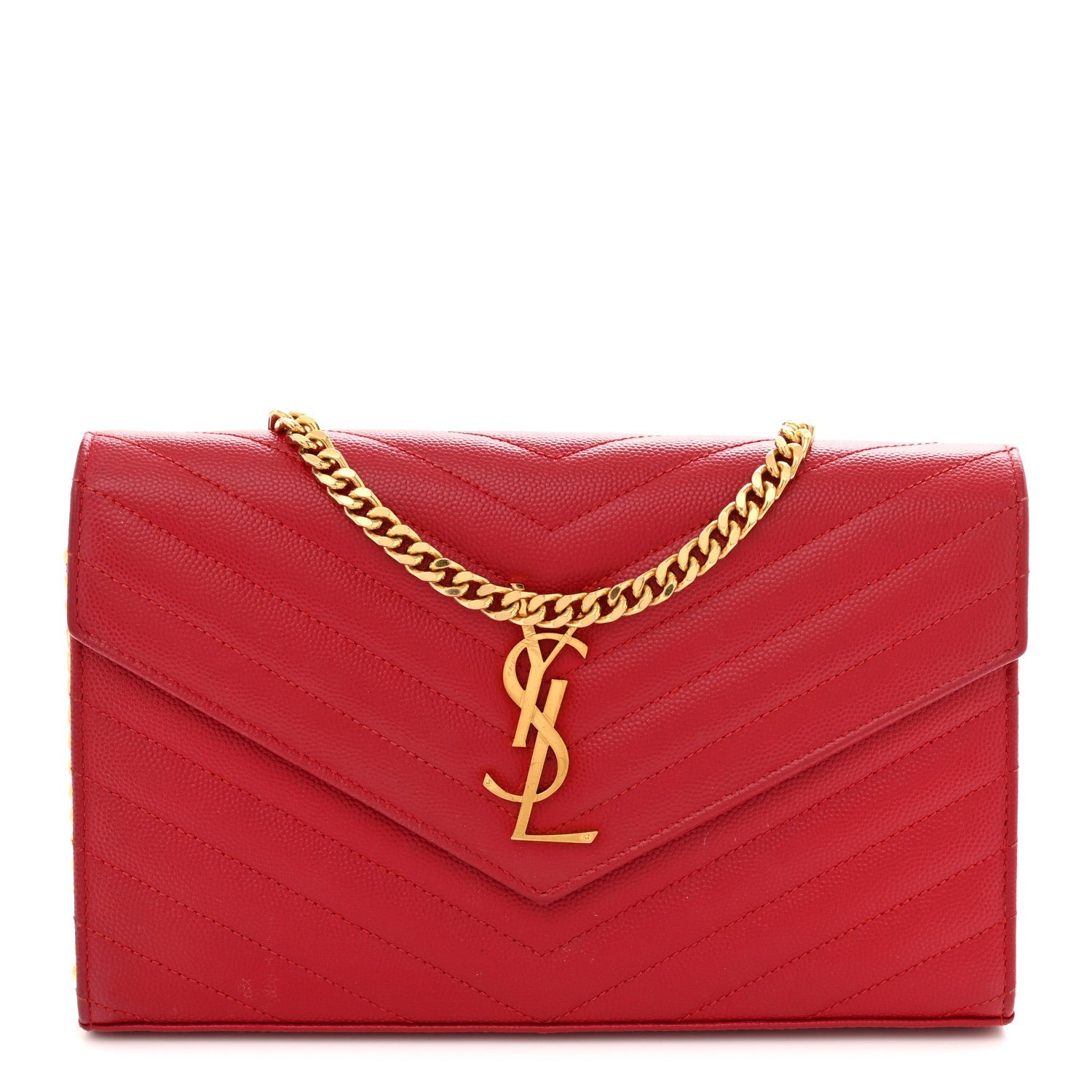 Saint Laurent Grain De Poudre Matelasse Chevron Monogram Chain Wallet New Red