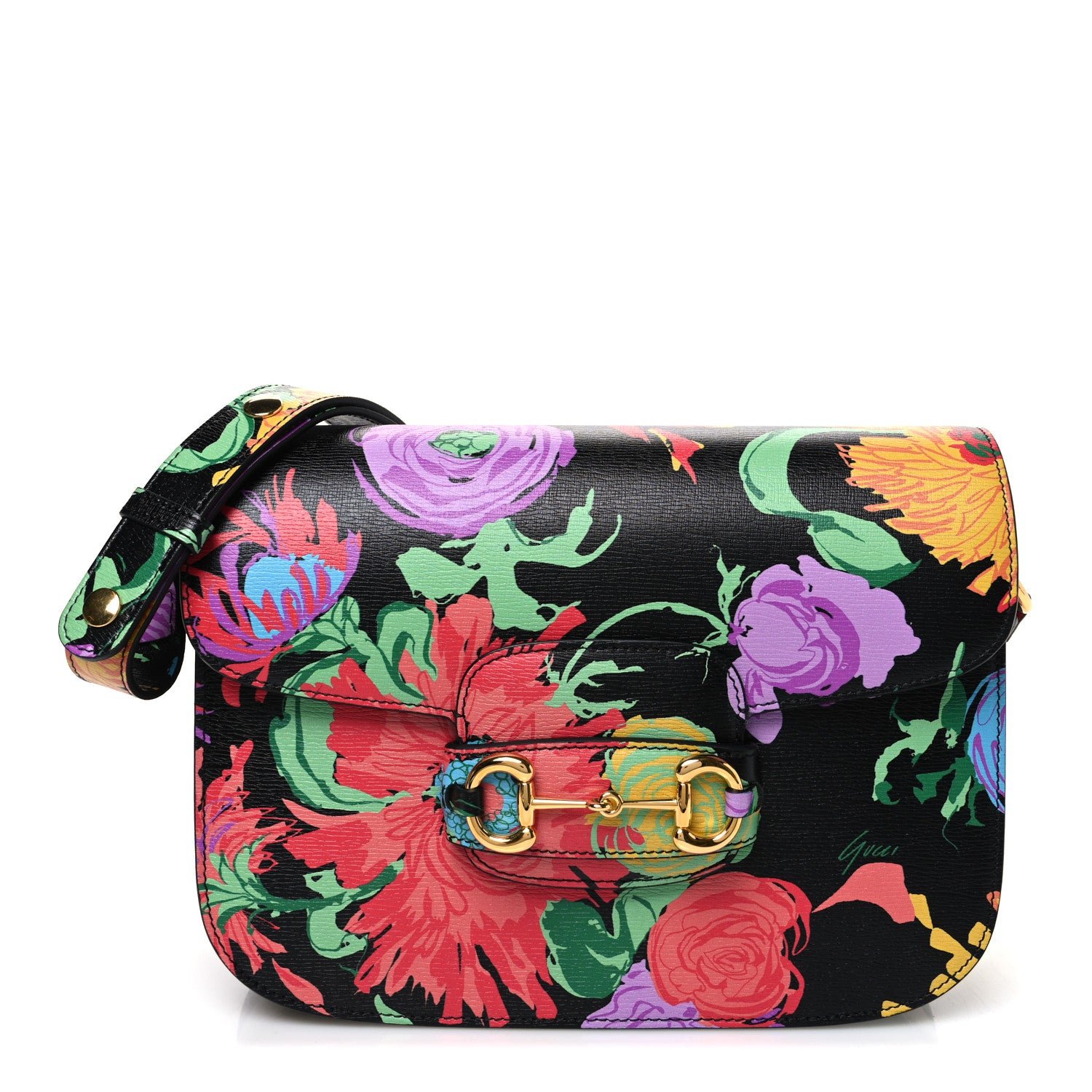 Gucci X KEN SCOTT New Shangai Calfskin Jenny Floral Print Horsebit 1955 Shoulder Bag Black Pink