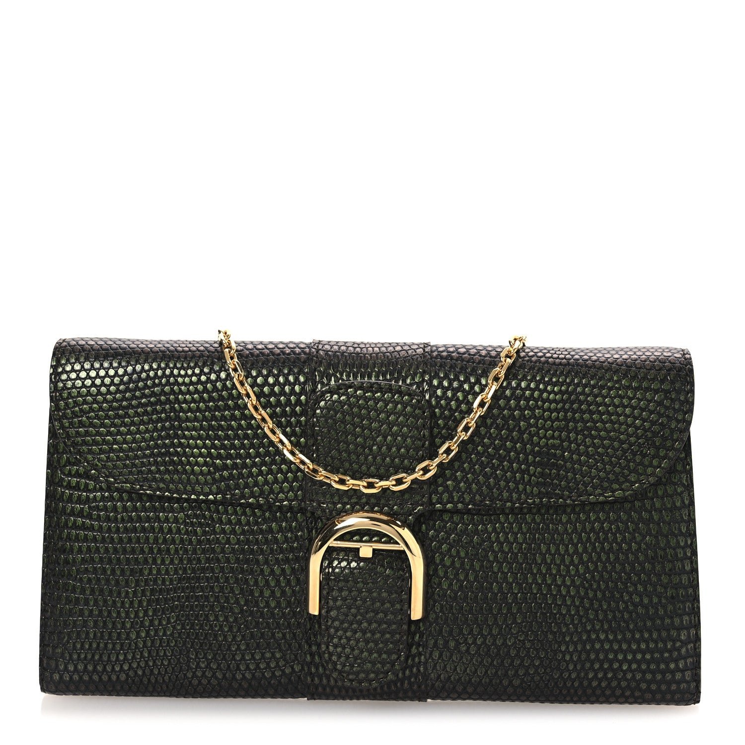 Delvaux Iridescent Lizard Calfskin Brillant Wallet On Chain Ebene Kaki