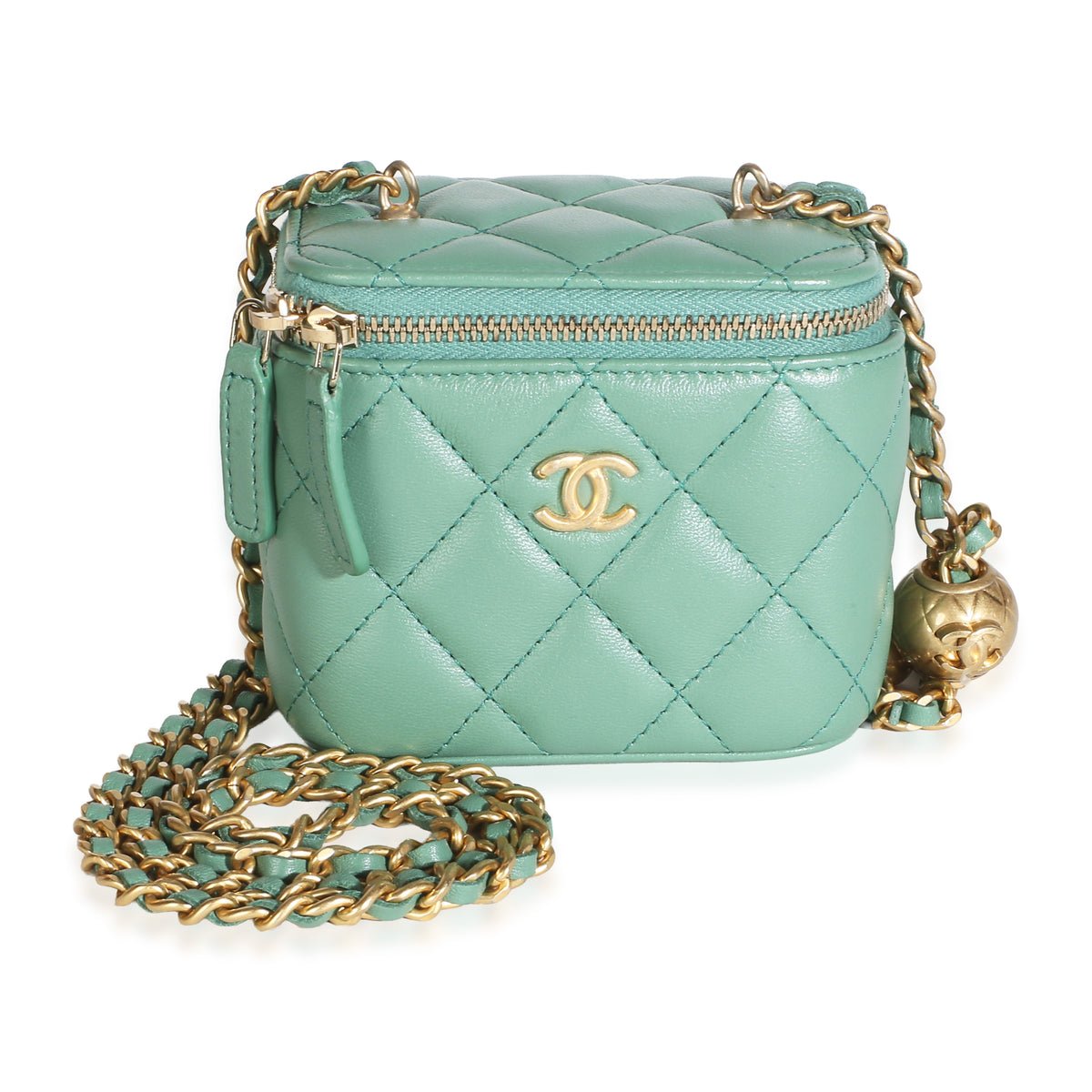Green Quilted Lambskin Pearl Crush Mini Vanity Case With Chain