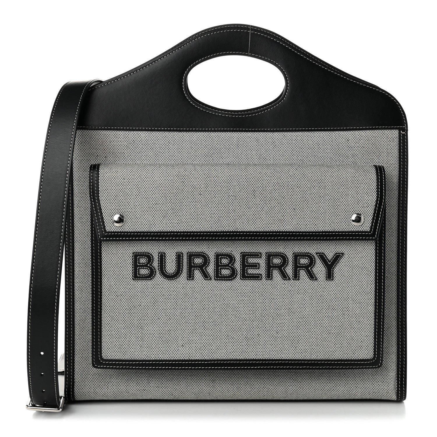 Burberry Canvas Smooth Calfskin Two Tone Medium Pocket Bag Black White